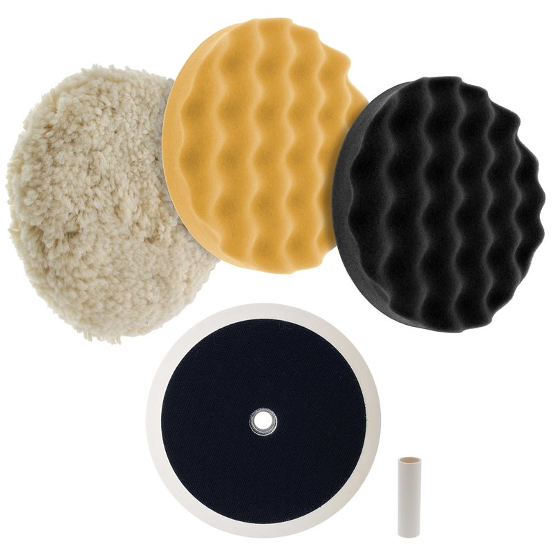 TCP Global Complete 3 Pad Buffing and Polishing Kit with 3-8"" Pads; 2 Waffle Foam and 1 Wool Grip Pads and a 5/8"" Threaded Polisher Grip Backing Plate - Image 1